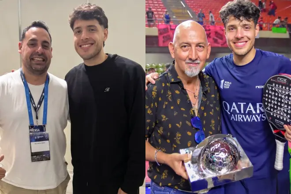 Junto con Dani Ferreyra, el periodista que sigue su carrera desde sus inicios (izquierda) y Tito, su abuelo y compa&ntilde;ero en su primer torneo (derecha).