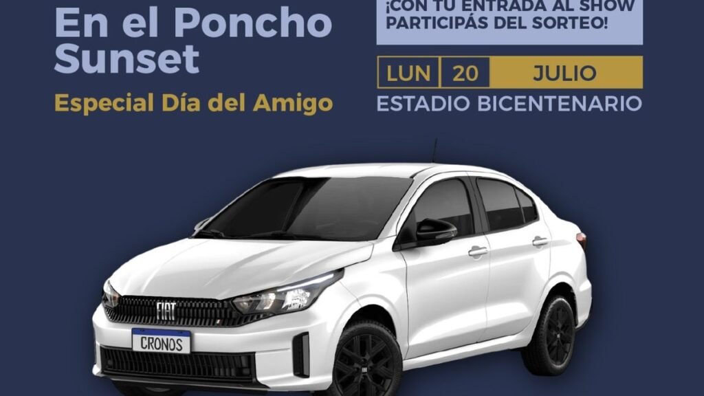 Poncho Sunset: sortearán un Fiat Cronos 0 km durante la noche del Día del Amigo Poncho Sunset: sortearán un Fiat Cronos 0 km durante la noche del Día del Amigo